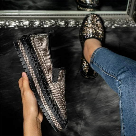 Women's Rhinestone Slip-On Sneaker Casual Flat Loafers Flat Sole Single Shoes One-footed Shoes Casual Shoes Black 7.5