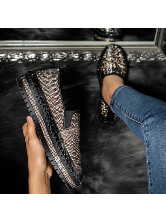 Women's Rhinestone Slip-On Sneaker Casual Flat Loafers Flat Sole Single Shoes One-footed Shoes Casual Shoes Black 9.5