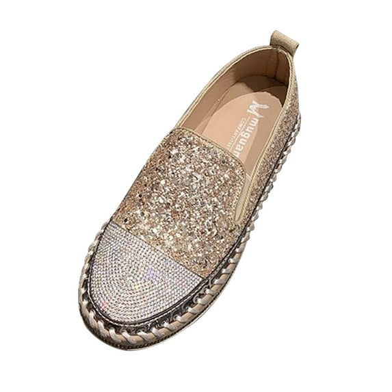 Women's Rhinestone Slip On Sneakers Diamond Glitter Loafers Comfortable Flat Shoes Breathable Lightweight Walking Shoes Gold 37