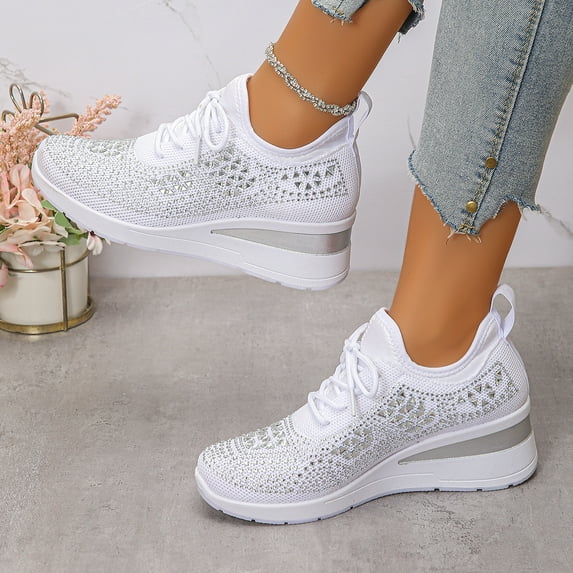 Women’s Rhinestone Sneakers, Fashion Lace-Up Casual Shoes, Low-Top Sparkly Comfort Walking Shoes, Trendy Glitter Athletic Sneakers for Daily Wear, Commuting, Travel & Street Style