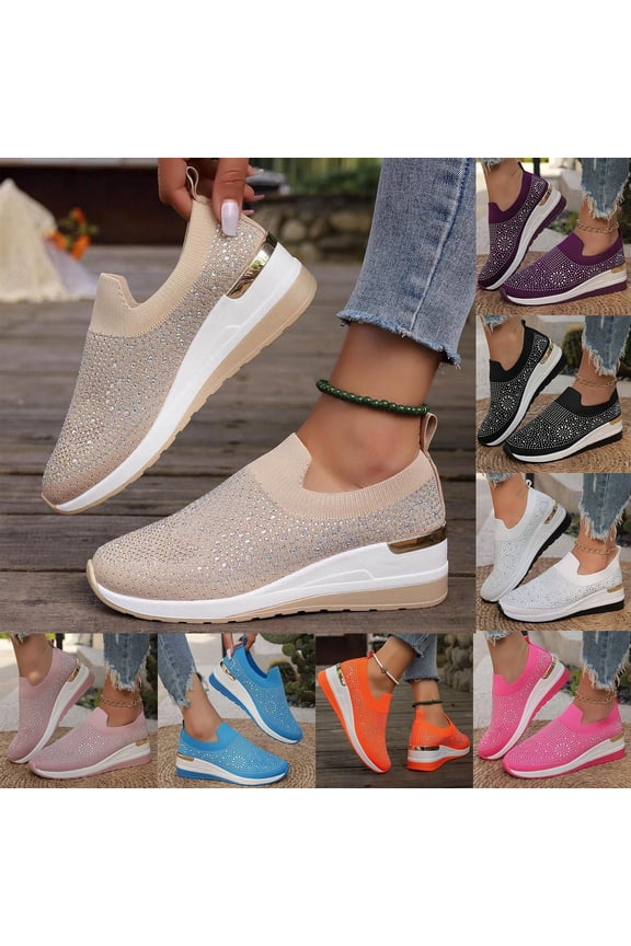 Women's Rhinestone Sock Slip On Wedge Platform Sneakers Breathable Knit Lightweight Non-Slip Fashion Casual Walking Shoes,37