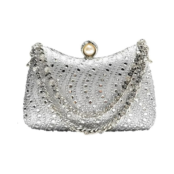 Women's Rhinestone Sparkle Clutch Shoulder Crossbody Bag with Detachable Chain Strap, Silver