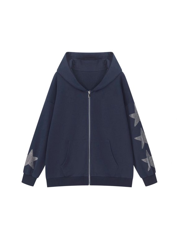 Women's Rhinestone Star Zip Up Hoodie, Relaxed Fit Sweatshirt Jacket with Pockets
