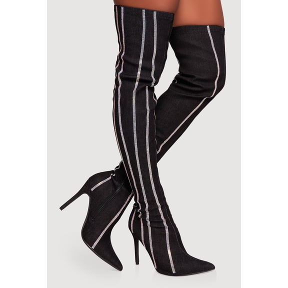 Women's Rhinestone Striped Denim Thigh High Stiletto Boots