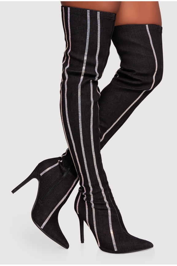 Women's Rhinestone Striped Denim Thigh High Stiletto Boots