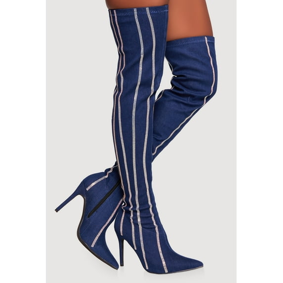 Women's Rhinestone Striped Denim Thigh High Stiletto Boots
