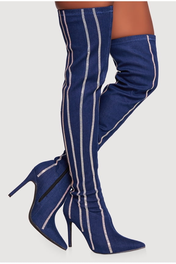 Women's Rhinestone Striped Denim Thigh High Stiletto Boots