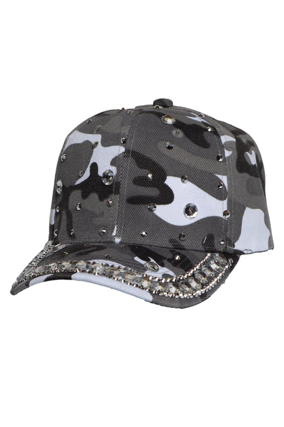 Women’s Rhinestone Studded Camo Hat – Adjustable Bling Camouflage Baseball Cap Sparkly Fashion Cap, White