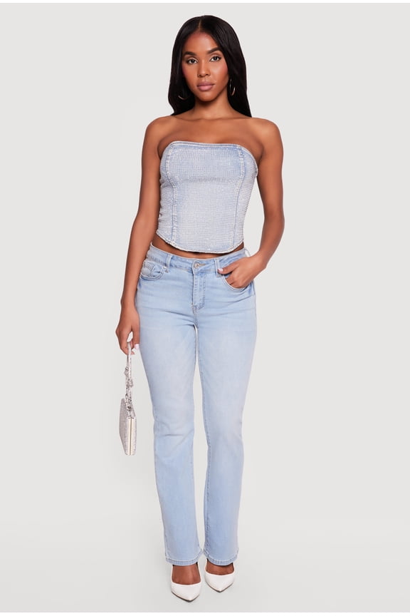 Women's Rhinestone Studded Denim Lace Up Back Cropped Corset Top