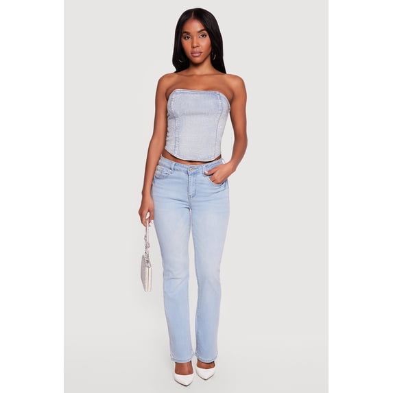 Women's Rhinestone Studded Denim Lace Up Back Cropped Corset Top