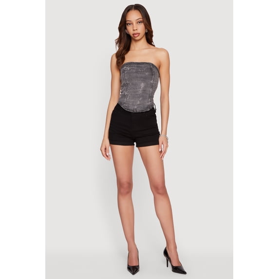 Women's Rhinestone Studded Denim Lace Up Back Cropped Corset Top