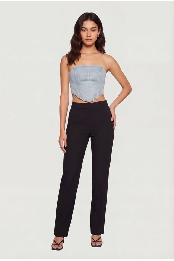 Women's Rhinestone Studded Denim Lace Up Back Cropped Corset