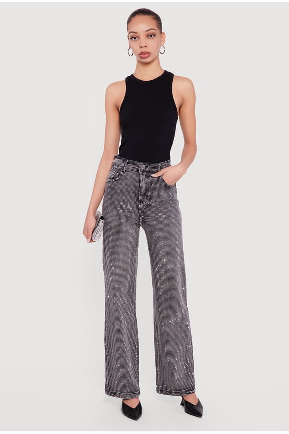 Women's Rhinestone Studded High Waisted Straight Leg Jeans