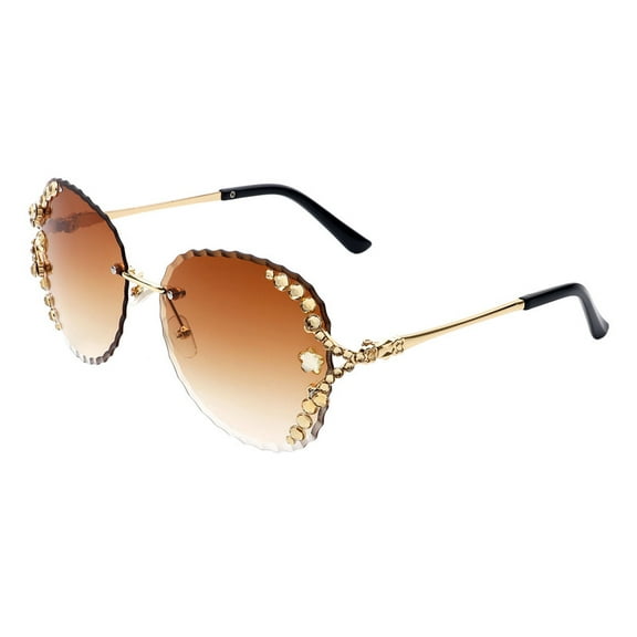 Women's Rhinestone Sunglasses Rimless Beveled Scalloped Edges UV400 Beige Brown