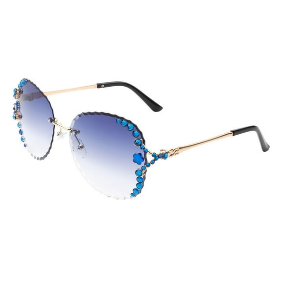 Women's Rhinestone Sunglasses Rimless Beveled Scalloped Edges UV400 Blue