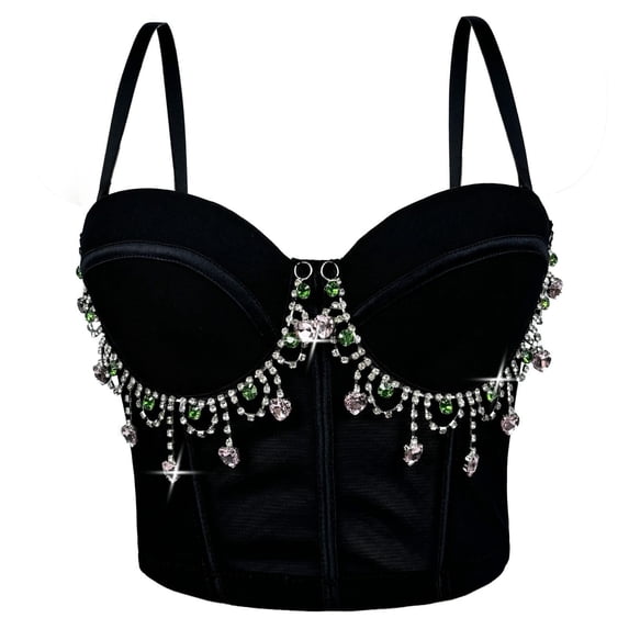 Women's Rhinestone Tassel Corset Top, Spaghetti Straps Sexy Underwire Bustier Halloween Camisoles Tops