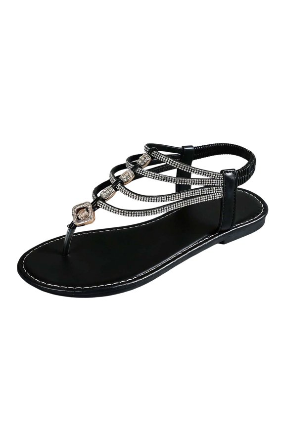 Women's Rhinestone Thong Flat Sandals Elastic Ankle Strap Bohemian Dressy Sandals for Women