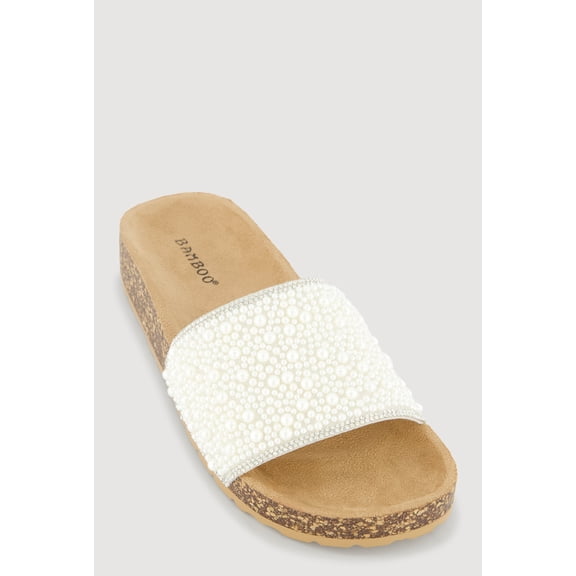 Women's Rhinestone Trim Faux Pearl Band Footbed Sandal