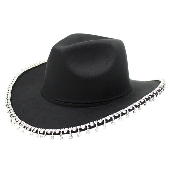 Women's Rhinestone Trim Solid Color Felt Fedora Panama Cowgirl Cowboy Hat