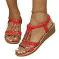 thumbnail image 1 of Women's Rhinestone Wedge Boho Sandals Fashion Retro Open Toe Non Slip Ankle Strap Beach Versatile Shoes (Red,35), 1 of 4