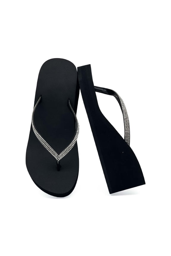 Women's Rhinestone Wedge Flip Flops, Platform Sandals with Arch Support for Summer Beach