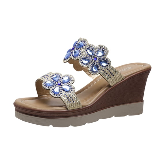 Women's Rhinestone Wedge Sandals Open Toe Summer Slip On Beach Shoes Comfortable High Heel Wedge Sandals Blue 38