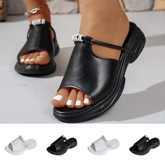 Women's Rhinestone Wedge Slide Sandals Casual Open Toe Wide Width Comfortable Non Slip Thick Platform Wedge Heel Mules for Summer Daily Wear