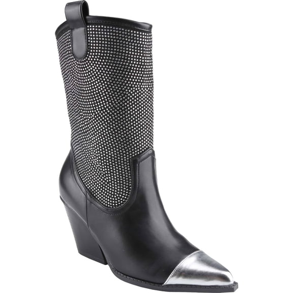 Women's Rhinestone Western Cowboy Boots Pointed Toe Chunky Block Heel Mid Calf Fashion Ankle Boot Booties