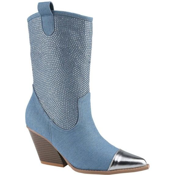 Women's Rhinestone Western Cowboy Boots Pointed Toe Chunky Block Heel Mid Calf Fashion Ankle Boot Booties