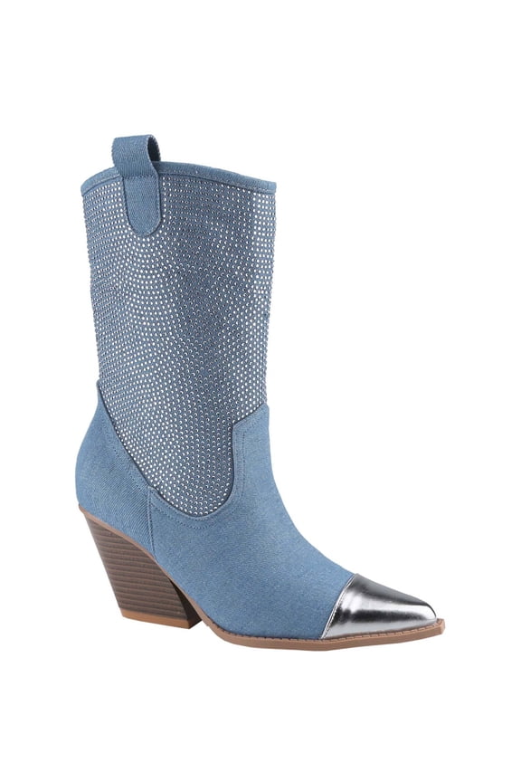 Women's Rhinestone Western Cowboy Boots Pointed Toe Chunky Block Heel Mid Calf Fashion Ankle Boot Booties