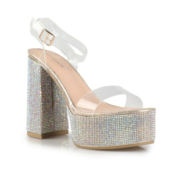 Women's Rhinestones Clear Strap Platform Block Heeled Sandals