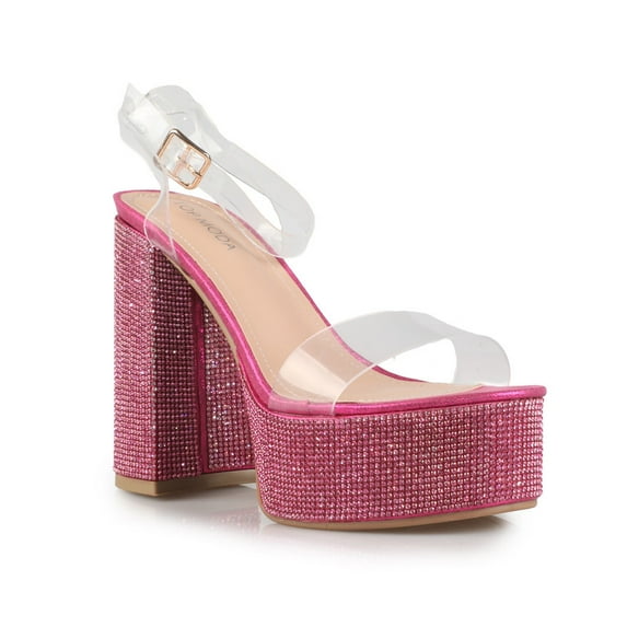 Women's Rhinestones Clear Strap Platform Block Heeled Sandals