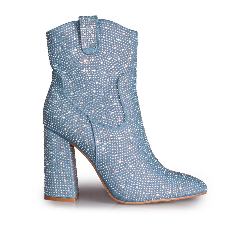 Women’s Rhinestones Denim Western Dress Block Heel Ankle Boots