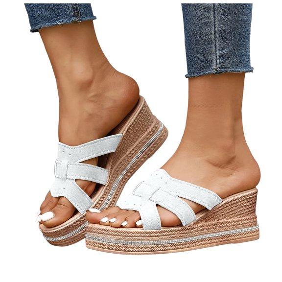 Women's Rhinestones Platform Wedge Slides Sandals Fashion Casual Chunky High Heels Slip on Dress Slippers