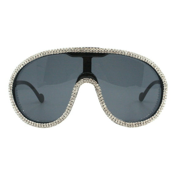 Women's Rhinestones Sunglasses Oversized Round Goggle Style UV400 Black, Black