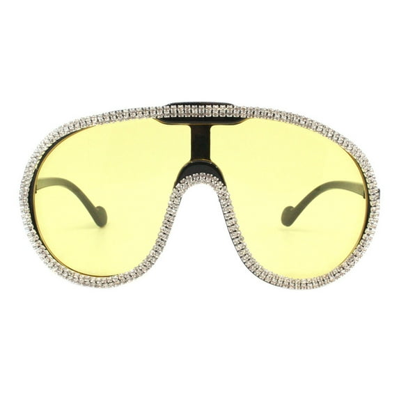 Women's Rhinestones Sunglasses Oversized Round Goggle Style UV400 Black, Yellow