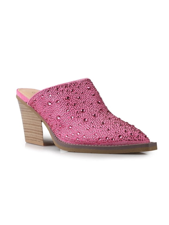 Women's Rhinestones Pointy-toe Heeled Western Mules