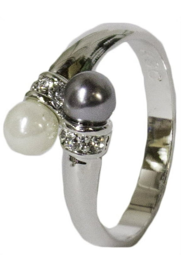 Women's Rhodium Plated Dress Ring Black and White Pearl Crystal 059 (7)