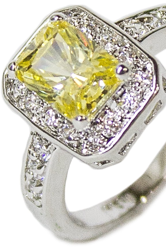 Women's Rhodium Plated Dress Ring Emerald Cut Canary CZ 101 (7)