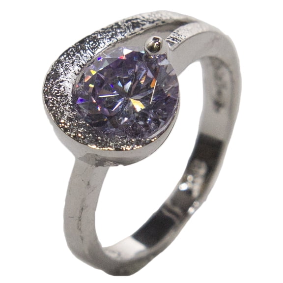 Women's Rhodium Plated Dress Ring Lavender Round Cut CZ 013