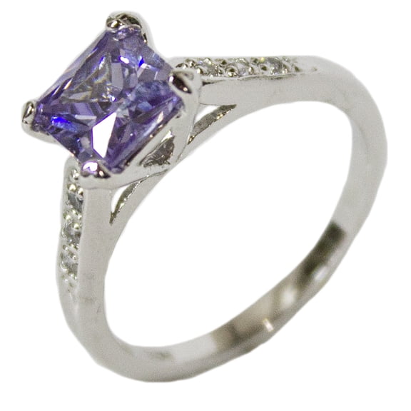Women's Rhodium Plated Dress Ring Princess Cut Lavender CZ 116 (8)