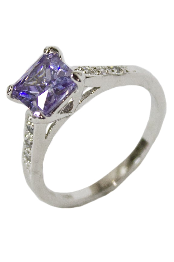 Women's Rhodium Plated Dress Ring Princess Cut Lavender CZ 116 (8)