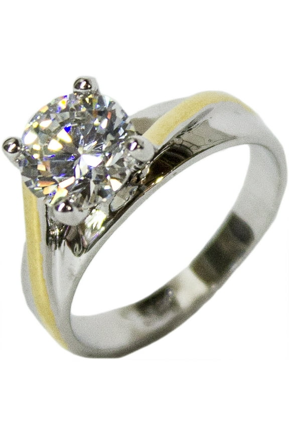 Women's Rhodium Plated Dress Ring Two Tone Round Cut Solitaire CZ 099