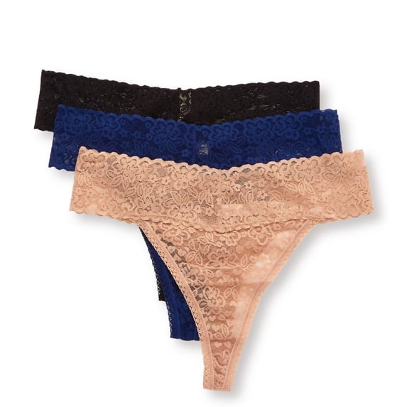 Women's Rhonda Shear 2912X3 Lace Thong - 3 Pack (Nude/Black/Navy M/L)