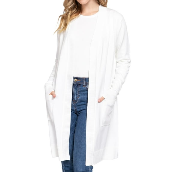 Women's Rib Banded Open Front Tunic Sweater Cardigan with Pockets