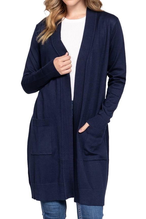 Women's Rib Banded Open Front Tunic Sweater Cardigan with Pockets