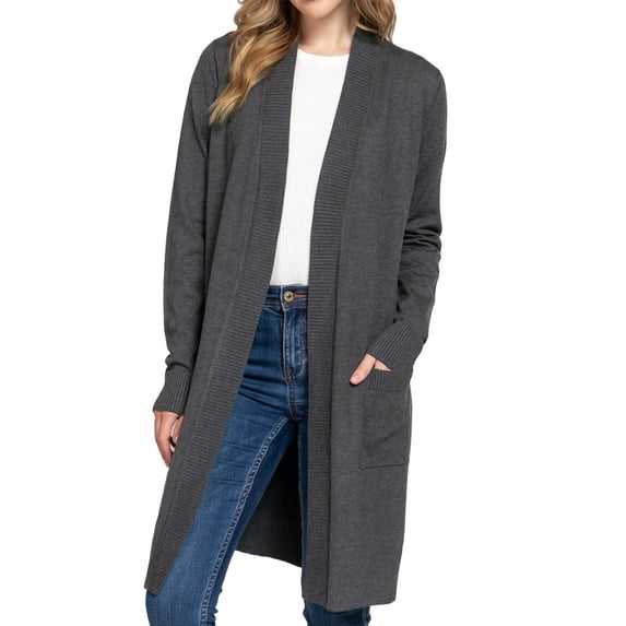 Women's Rib Banded Open Front Tunic Sweater Cardigan with Pockets