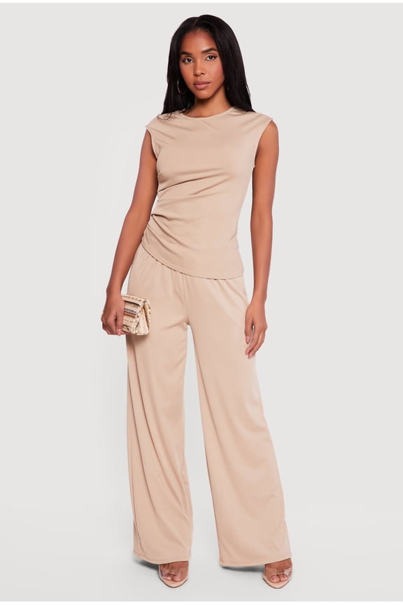 Women's Rib Knit Beaded Drawstring Waist Pull On Pants
