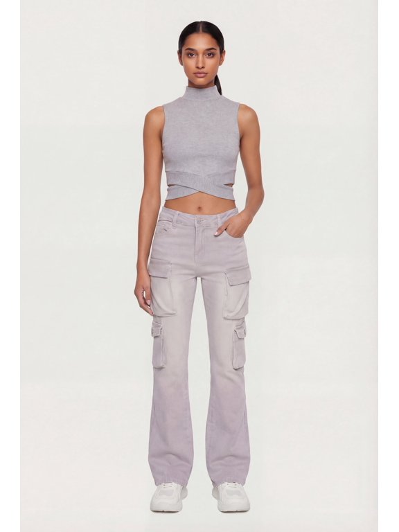 Women's Rib Knit Criss Cross Hem Mock Neck Crop Top