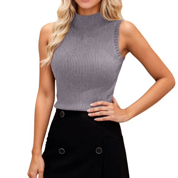Women's Rib Knit Crop Top Y2K Sleeveless Tank Tops Grey One Size